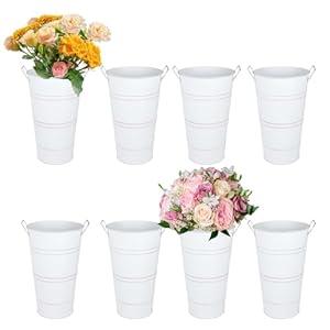 Nowdowin 8pcs 12.8inch White Flower Holders for Flower Bar, Galvanized Flower Bucket, Metal Buckets for Party, Rustic Vases for Centerpieces, Floral Vase, Farmstand Supplies (White, 12.8inch Height)
