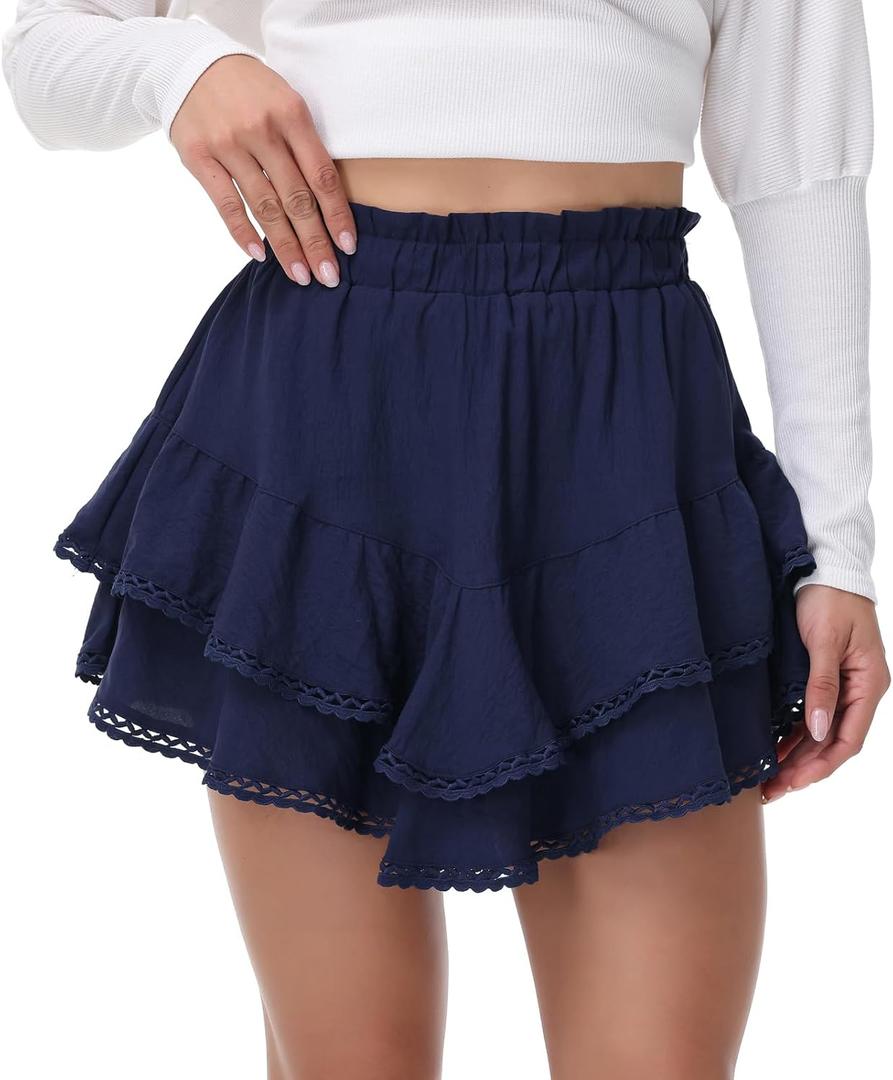 Flowy Shorts for Women Boho Ruffle Skirt Crochet Tiered Mini Skort High Waisted Butterfly Golf Tennis Casual Summer (Medium, Navy)