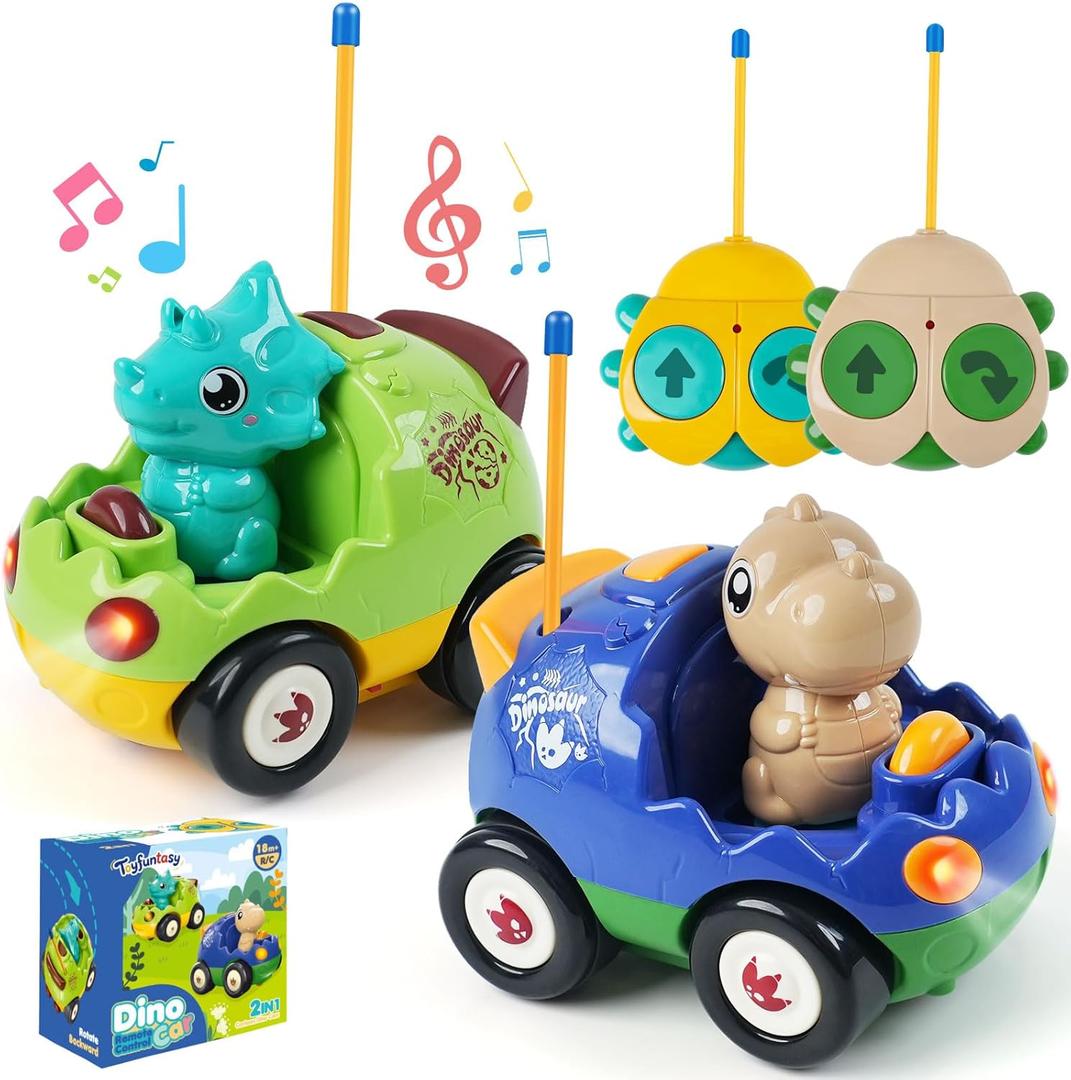 2-Pack Remote Control Dinosaur Cars for Kids  Best Birthday Gifts for Boys Ages 2 3 4 5 Year Old, Electric RC Dino Car Toys for Toddlers 18+ Months with Lights and Music