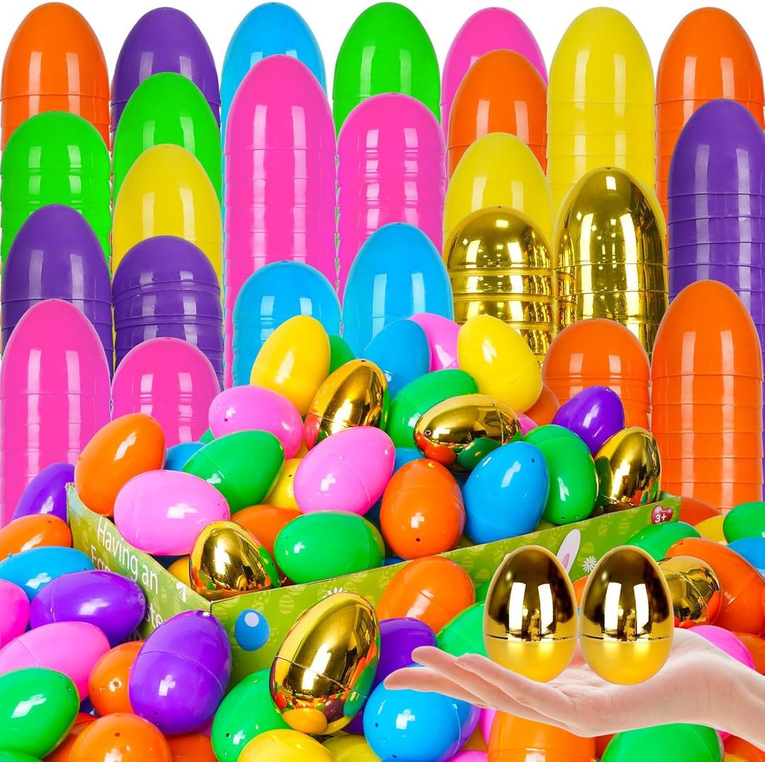 200 PCS Easter EggsPlastic 2.4" Bright Colorful Eggs with Golden Eggs, Easter Egg Fillers for Easter Egg Hunt Candy Filling Party Decorations and Kids Gifts