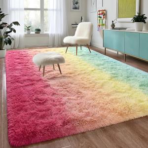 DweIke Luxury Fluffy Kids Rugs for Living Room Bedroom, 6x9 Large Shaggy Rainbow Pink Area Rug for Girls Boys, Upgrade Plush Non-Slip and Washable Colorful Fuzzy Carpet for Dorm Nursery Decor