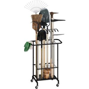 3-Tier Garden Tool Organizer with Wheels, Garage Floor Rolling Storage Cart on Wheels Heavy Duty Metal Rolling Storage Cart, Yard Tool Tower Rack for Garage, Patio, Shed, Indoor Outdoor, Black
