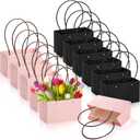 DEAYOU 12 Pack Kraft Paper Flower Gift Bags, Bouquet Bag Box with Handle, Small Paper Carrier Tote Bags with Waterproof Lining for Floral Arrangement, Party Favor, Packaging, Ultra Thick, Black, Pink