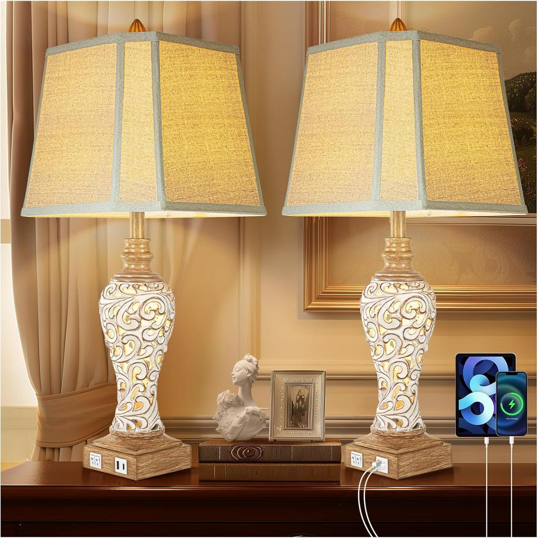 28.5" Rustic Table Lamp Set of 2 For Living Room Farmhouse Lamps for Bedroom, Bedside Lamps with Night Lights And USB C+A Charging Ports for Decor Office Study Hotel (Bulbs Included)