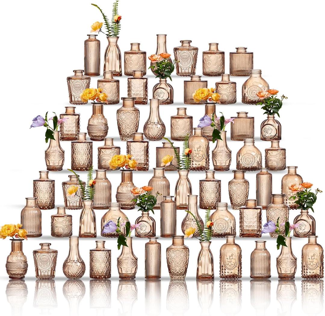 Glass Bud Vases Set of 64 - Amber Assorted Small Mini Glass Vases for Flowers, Crystal Vintage Vase Set, Bulk Centerpieces for Table Décor, Wedding, Home and Events (Amber, 64 Pcs)