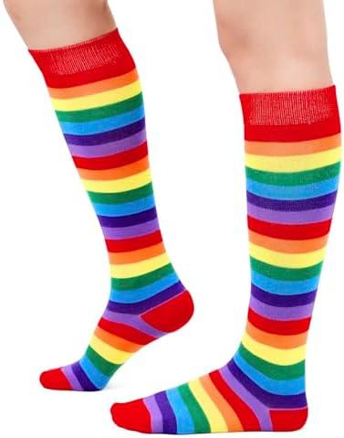 2 Pack Womens Knee High Socks Athletic Thin Stripes Tube High Stockings Outdoor Sport Sock Red Rainbow Stripes