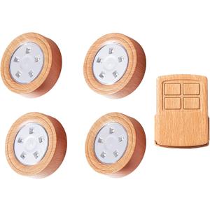 Puck Lights with Remote, LED Under Cabinet Lights with Auto Timer, Battery Operated Dimmable Under Counter Light for Closet, Kitchen, Under Counter, Hallway, Stairs. 4 PackOakwood