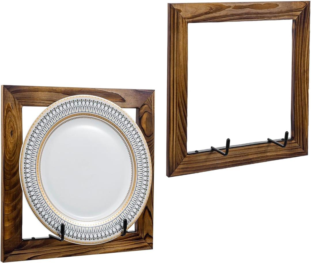 MyGift Set of 2 Wall Mounted Single Plate Holders with Decorative Wooden Frame, Rustic Burnt Solid Wood Display Racks and Black Metal Wire Hanger Hooks for 8 to 11 Inch Plates