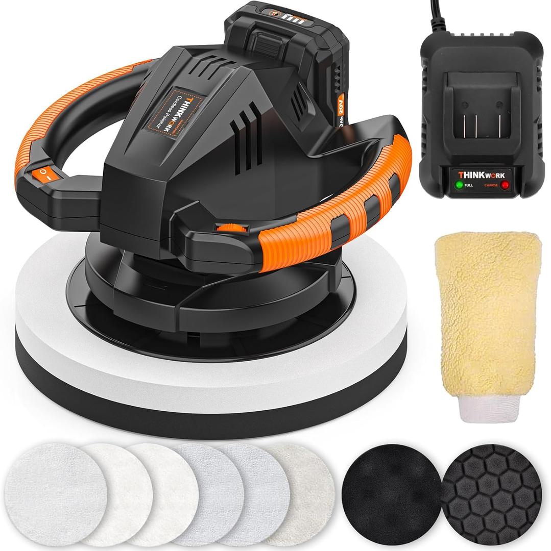 THINKWORK Buffer Polisher, 20V Cordless Buffer Polisher, 10 Inch Portable Polishing Machine Kit for Car, with 2Ah Rechargeable Battery, 6 Variable Speed 1500-3600RPM,Double handle,Ideal for Car Waxing (Black & Orange)