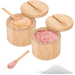 2Pcs Salt Cellar with Lid and Spoon, Salt Holder with Lid, Spice Box with Magnetic Swivel Lids, Bamboo Storage Containers for Countertop to Storage Pepper Spice Sugar Herbs, 6 oz