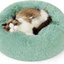 Bedsure Calming Cat Beds for Indoor Cats - Small Cat Bed Washable 20 inches, Anti-Slip Round Fluffy Plush Faux Fur Pet Bed, Fits up to 15 lbs Pets, Garden Green