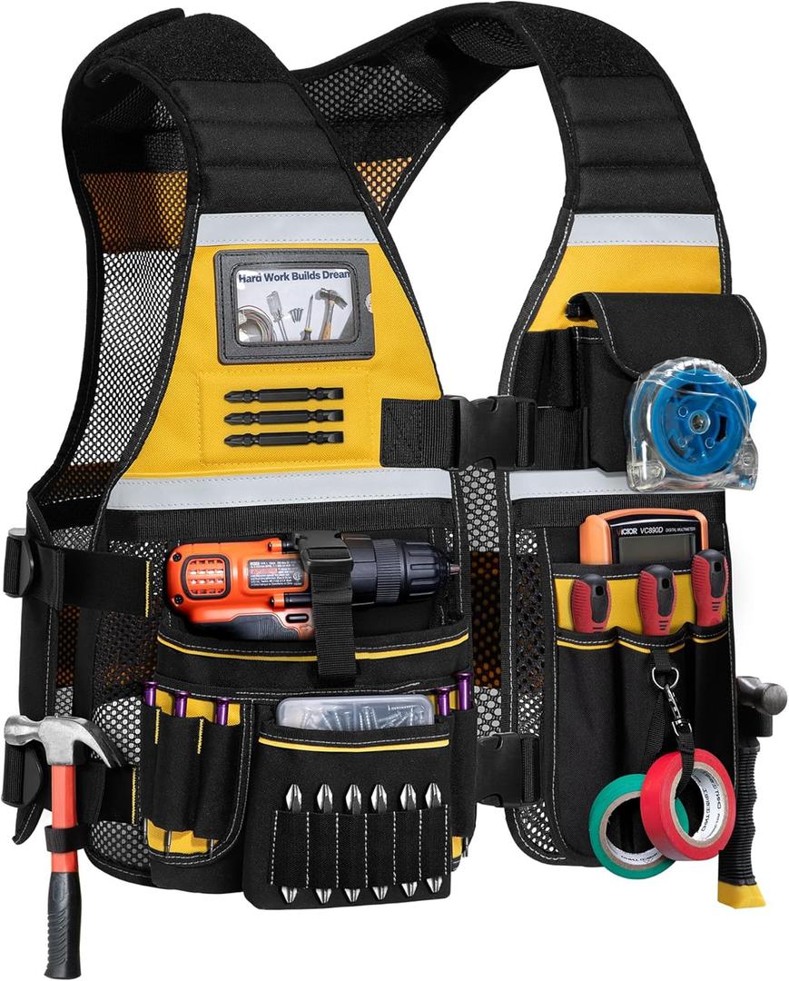 Tool Vest for Men with Adjustable Strap, Reflective Safety Work Vest for Electrician, Carpenter, Construction, Black and Yellow