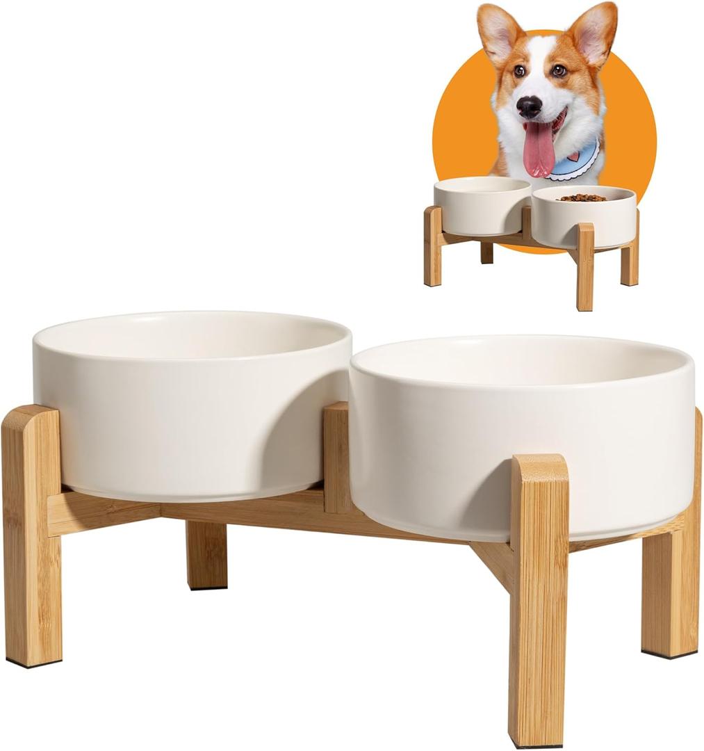 Elevated Ceramic Dog Bowl Set - Raised Dog Bowls with Non-Slip Bamboo Stand - Dog Food and Water Bowl Set - Double Dog Feeding Bowls - Suitable for Small and Medium Dogs - 28.74 OZ - 3.6 CUPS - 850 ML (White)