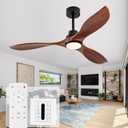 52 Inch Solid Wood Ceiling Fans with Lights and Remote, 3 Blade Walnut Outdoor Ceiling Fans with Wall Control, Dimmable, 6 Speeds, Quiet DC Motor for Bedroom/Patios/Farmhouse/Living Room