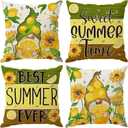Watercolor Gnome Sunflower Lemon Summer Pillow Covers Throw Pillow Cases Set of 4 Decorations for Home Sofa Cushion Cover Party Holiday Decor 20x20 Inch