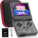 Powkiddy V90S Retro Handheld Console - 10,000+ Preloaded Games, Foldable Clamshell Design, 3.5" IPS Screen, 4-6 Hour Battery, Dual TF Slots (Transparent Black)