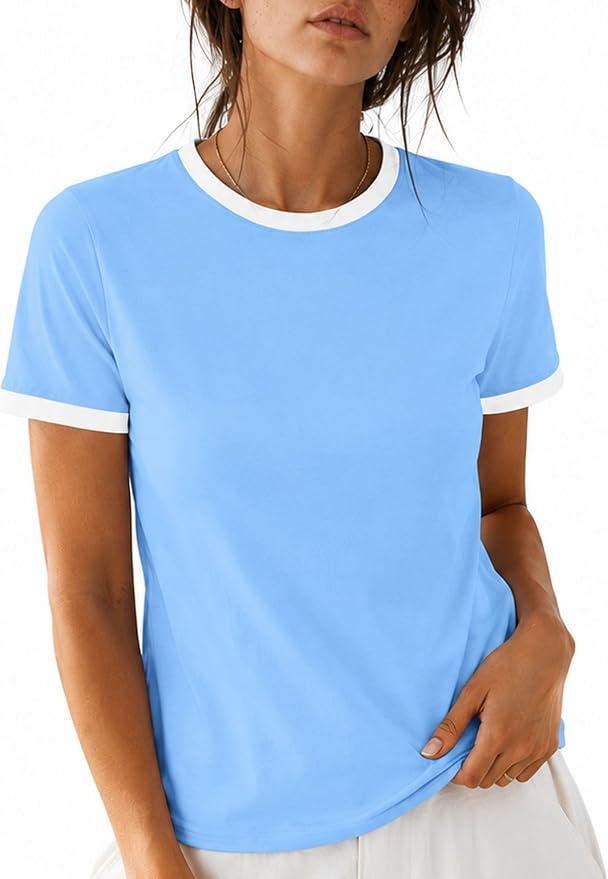 Remidoo Ringer Tee Women Short Sleeve Shirts Color Block Tops Casual Summer Vintage T Shirt Blue White X-Small