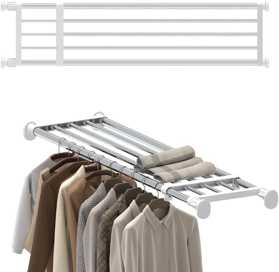 Hershii Tension Shelf Expandable Rod Closet System Heavy Duty Clothes Hanger Adjustable DIY Garage Bathroom Kitchen Storage Organizer Shoe Rack, Plant Stand, Bookshelf (46.85 - 75 inches, Ivory)
