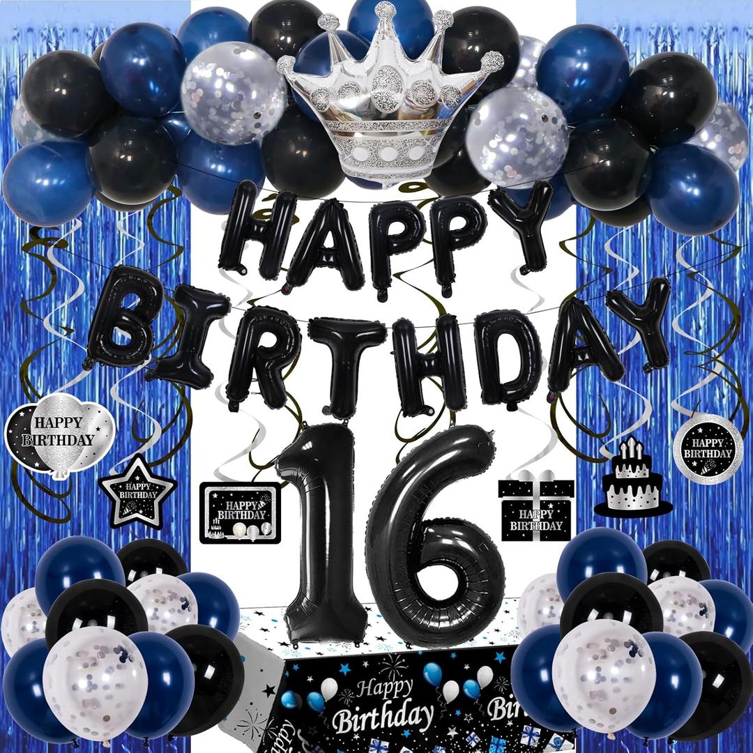 16 Birthday Decorations for Boys, Sweet 16 Party Decorations Happy 16th Birthday Decorations Boy Girls, Blue 16 Year Old Balloons, Tablecloth, Foil Curtains, Large Number 16 Balloon 16th Bday for Son