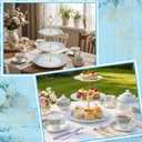 CHENGU 3 Tier Cupcake Stand Blue Ceramic with Gold Frame, 10" 9" 7" Dessert Tower for Baby Shower Birthday Wedding Tea Party, Tiered Cake Holder Display for Cupcakes Pastries Fruits