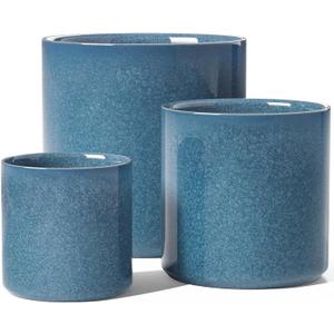 LE TAUCI Ceramic Plant Pots Indoor, 10+8+6 Inch Planters for Indoor Plants, Mid-Century Modern Flower Pots with Drainage Hole and Plug, Cylinder Round Planters, Set of 3, Reactive Glaze Blue