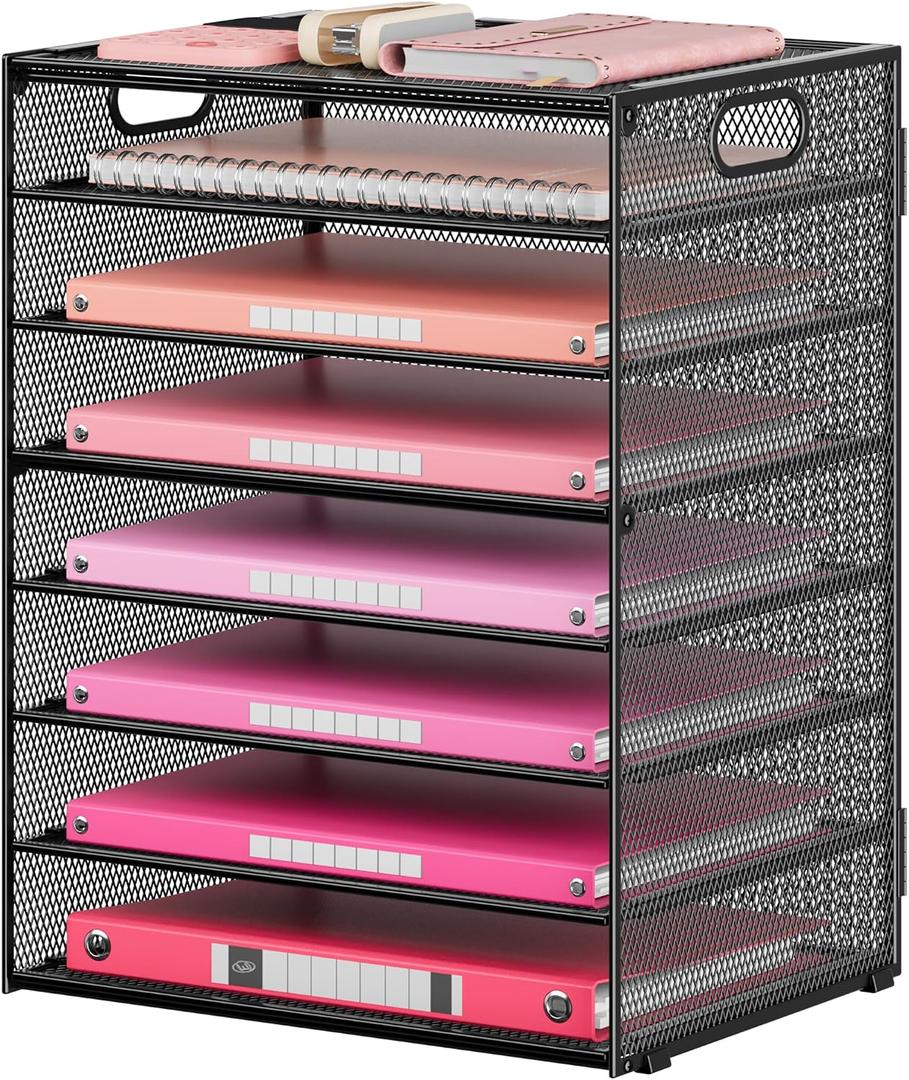 Lavatino 8 Tier Paper Organizer for Desk, Black Mesh Letter Tray File Sorter Organizers with Handles, Including 5 Adjustable Slid Trays for Office School Classroom Supplies Organization and Storage