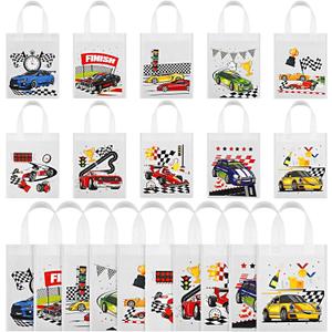 Ferraycle 30 Pcs Race Car Gift Bags Party Favor Non Woven Treat Bags with Handle Cars Theme Birthday Party Decorations Goodie Supplies for Racing Enthusiasts(White)