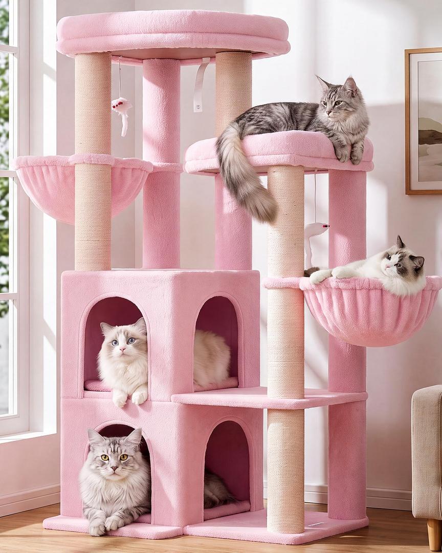 Globlazer Cat Tree Tower for Indoor Cats Large Adult, FC50, Beige
50-inch Adult Cat Tree House with Steps, Scratching Post, 2 Cat Caves, Dangling Toys