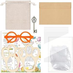 VioraWhite 11 Pcs Easter Bunny Evidence Set Bunny Footprints Template Greeting Cards Stickers Cardboard Key Glasses Prop for DIY Easter Scene Dress up Gifts