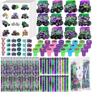 Cholemy 144 Pcs Monster Truck Party Favors Truck Party Supplies School Stationery Set Notebook Sticker Stamper Eraser Ruler Pencil Bag for Birthday Baby Shower Gifts Classroom Prize (Purple,Monster)