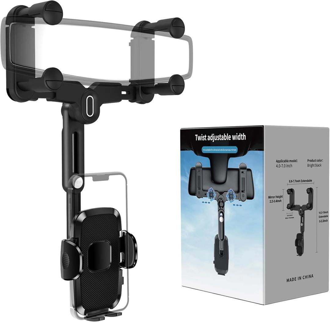 Car Phone Holder Mount, Rear View Mirror Phone Holder, Rotatable and Retractable Phone Holders for Your Car Compatible with iPhone Samsung All 4-7 Inch Cell Phones
