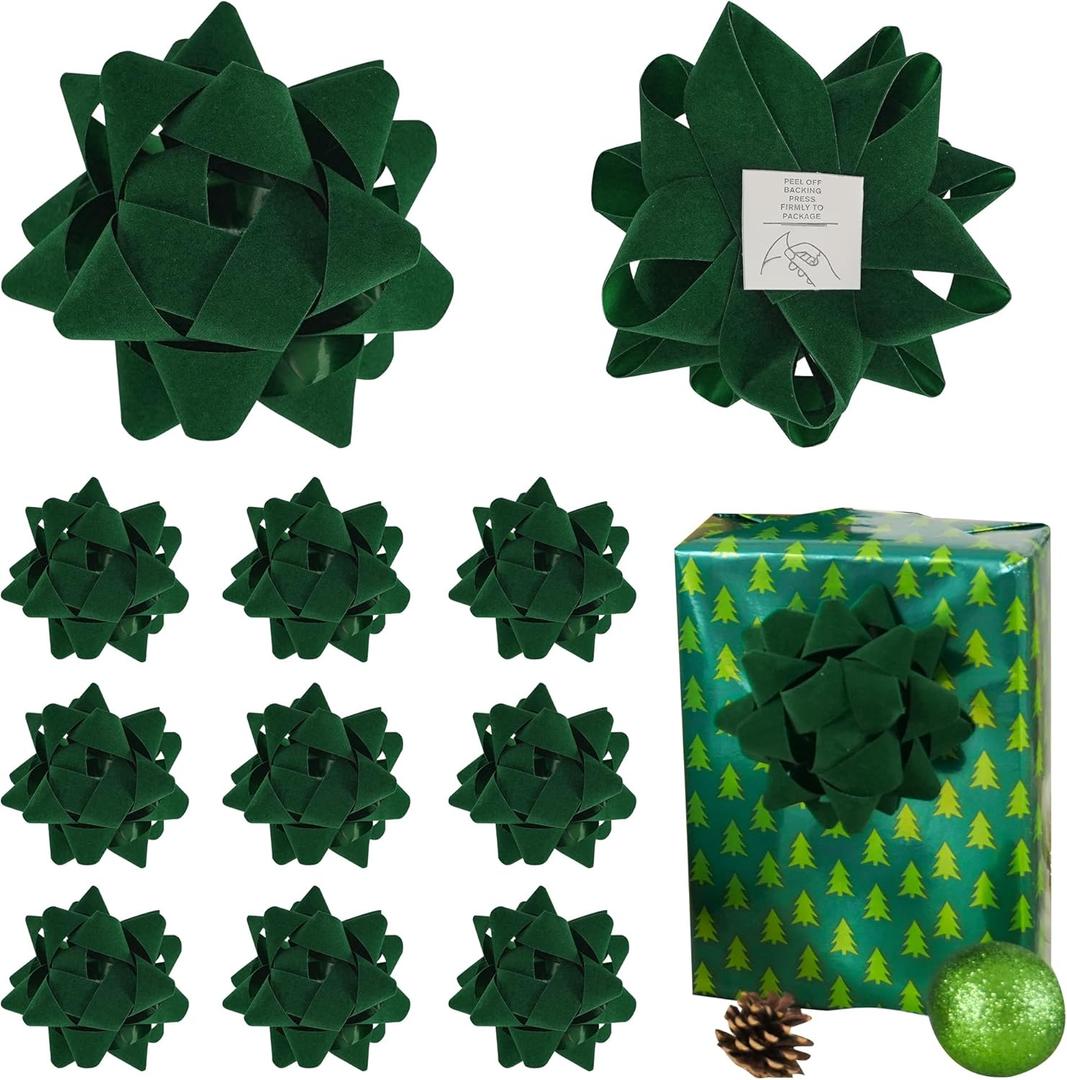 4.5 Inch Green Velvet Ribbon Gift Bow Decorative Bows, Premade Christmas Bows for Gift Wrapping Self Adhesive, Wrapping Bows for Presents, Party Favor, Holiday, Wedding, Birthday-12 Counts