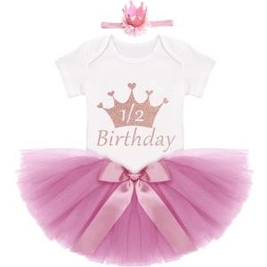 IDOPIP Birthday Outfit Girls Baby Strawberry Heart One Romper + Ruffle Tulle Skirt + Sequins Crown Headband 3PCS Clothes Set (3-6 Months, Dusty Pink 1/2 Birthday)
