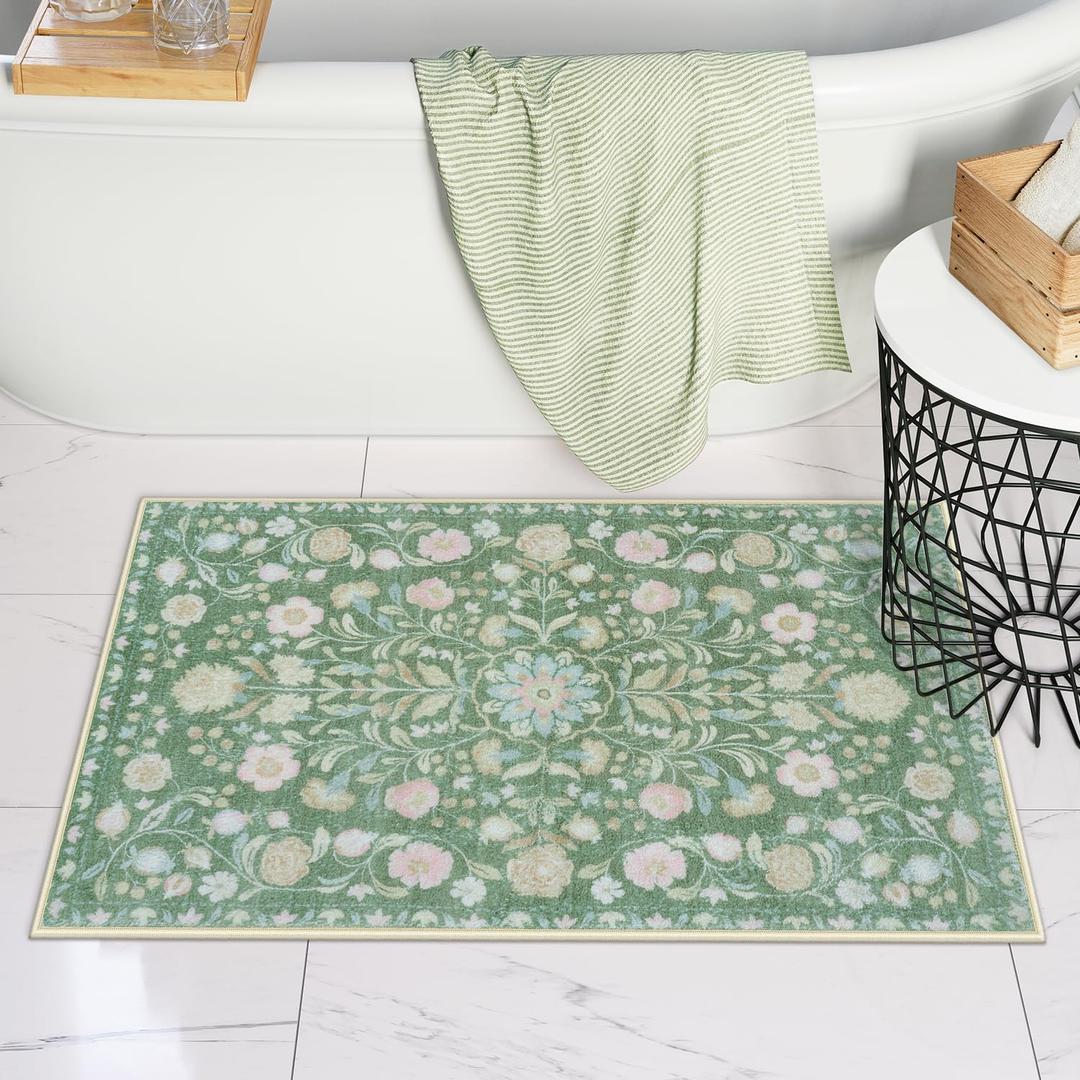 Uphome Boho Bathroom Rugs Green Vintage Bath Rugs Farmhouse Soft Shaggy Non Slip Bath Mat Machine Washable Distressed Floral Bath Mats for Bathroom Toilet Shower Sink, 20x32 inch