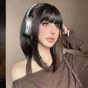 Black Mix Brown Bob Wig with Bangs for Women Synthetic Wig for Party Daily Cosplay Costume Wig Use 12 Inch