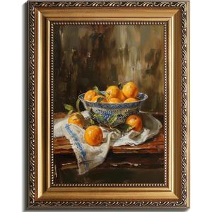 Vintage Gold Framed Wall Art Moody Oranges Painting, Vintage Fruit Still Life Kitchen Home Decor with Antique Frame, Antique Oranges Oil Painting for Bedroom, Country Kitchen Wall Art 16x24