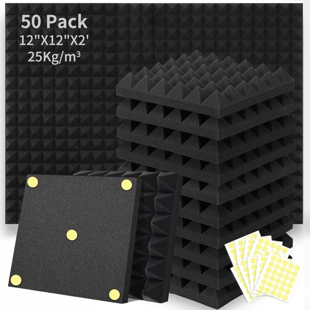Focusound Acoustic Foam Panels 50 Pack (2"x12"x12") - Sound Proof Foam Pyramid Tiles for Walls, Studio, Home Theater & Noise Reduction