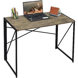 Interior Elements Folding Computer Desk for Home Office – 39" Small Portable Writing Desk, Light Brown Oak and Black Frame, Space-Saving Modern Study Table, No Assembly Required