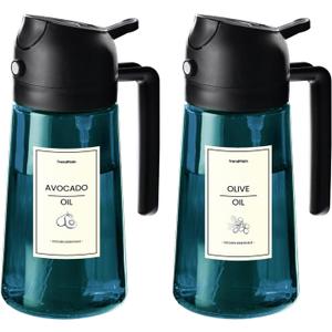 TrendPlain 16oz/470ml Blue Glass Olive Oil Sprayer for Cooking - 2 in 1 Olive Oil Dispenser for Kitchen Gadgets, Air Fryer, Salad, and BBQ - 2 Black