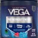 Vega Pre-Workout - 200mg Caffeine, Energy & Focus Drink Mix, Blue Raspberry, 25 Servings, 1.6g Beta Alanine, 6g Citrulline Malate, Vegan, Gluten-Free, Dairy Free, No Sugar Added, 8.4oz, Best Before: 2027/JAN/06