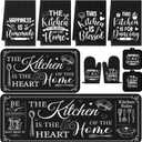 Fourluoo 10 Pcs Farmhouse Kitchen Decor and Accessories Set 4 Kitchen Towels 2 Pot Holders 2 Oven Mitts 2 Rugs for Cooking Baking Mom Housewarming Gifts(Black,Classic Style)