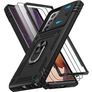 for Samsung Galaxy Note 20 Ultra Case with Screen Protector*2, Note 20 Ultra Phone Case Build in 360 Rotating Ring Kickstand, Military Grade Protective Cover for Note 20 Ultra Phone Black