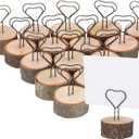 15 Pcs Wood Table Number Holders Stands Christmas Wooden Base Place Card Picture Holders for Centerpieces Rustic Iron Wire Picture Picks Clip Stand (Heart)