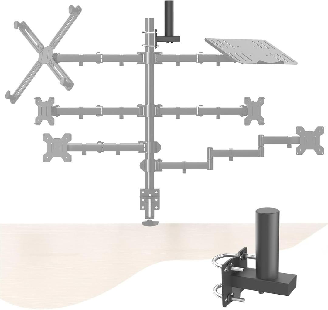 No Drill Monitor Arm Wall Mount - Clamp-on Adjustable Desk Mount for Round & Square Tubes, VESA Compatible Computer Screen Mounting Bracket for Office, Study, Hospital, Bedroom