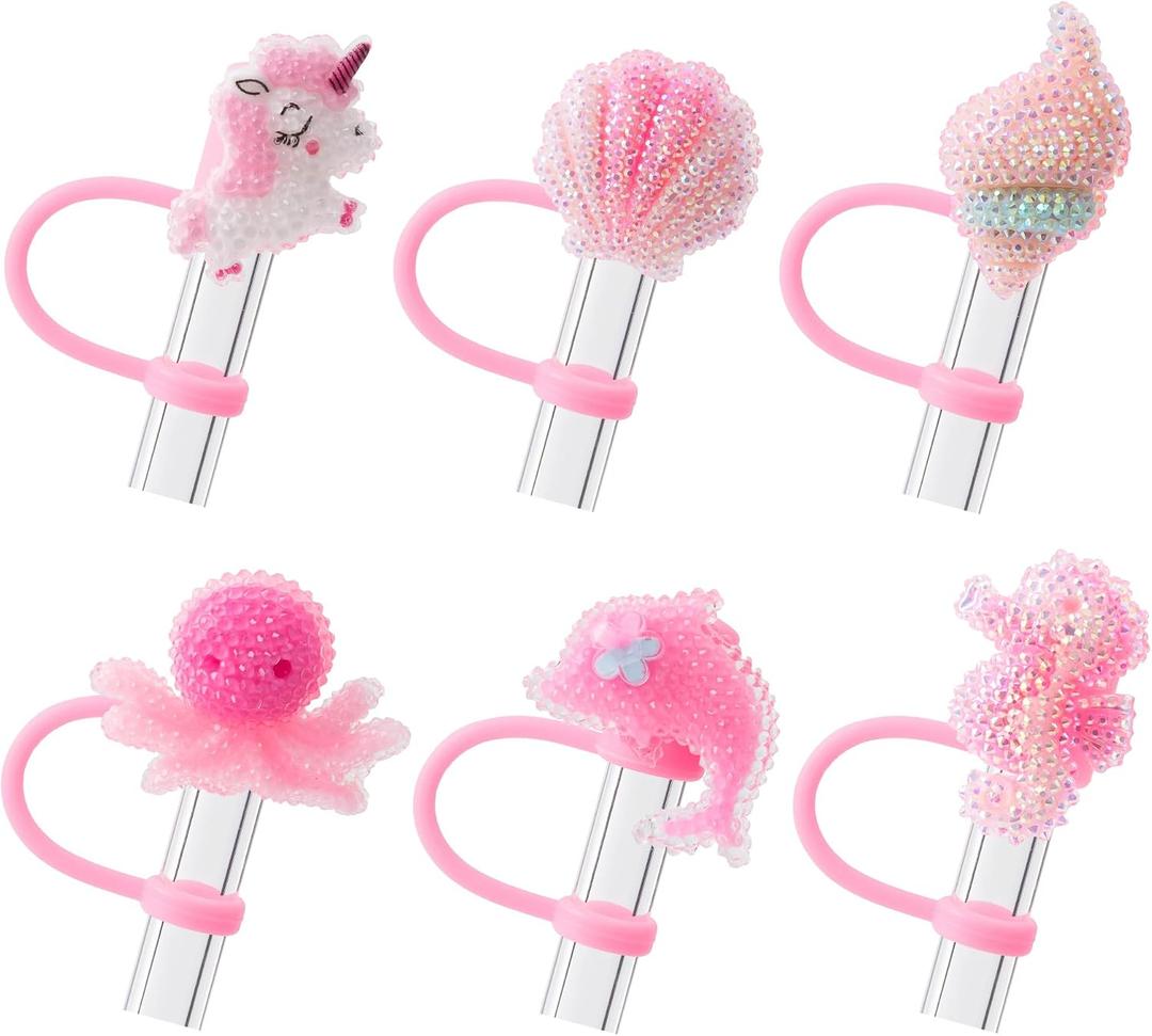 2 x 6Pcs Marine Animal Glitter Cap Straw Cover Cap for Stanley Cup 40oz/30oz Accessories, 10mm Reusable Cute Drinking Straw Topper Accessories, Portable Protector Plugs Decorations Gifts for Party Favors