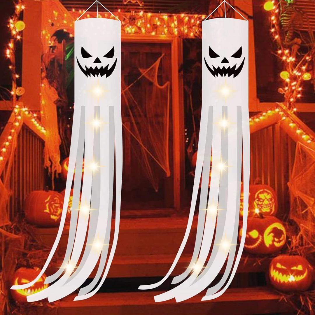 CCINEE 2 Pack Halloween Ghost Windsock Flag with Lights, 70.8 Inch Glow in The Dark Halloween Outdoor Hanging Decor for Yard Patio Garden Pathway Party Decoration(2024 Upgraded)