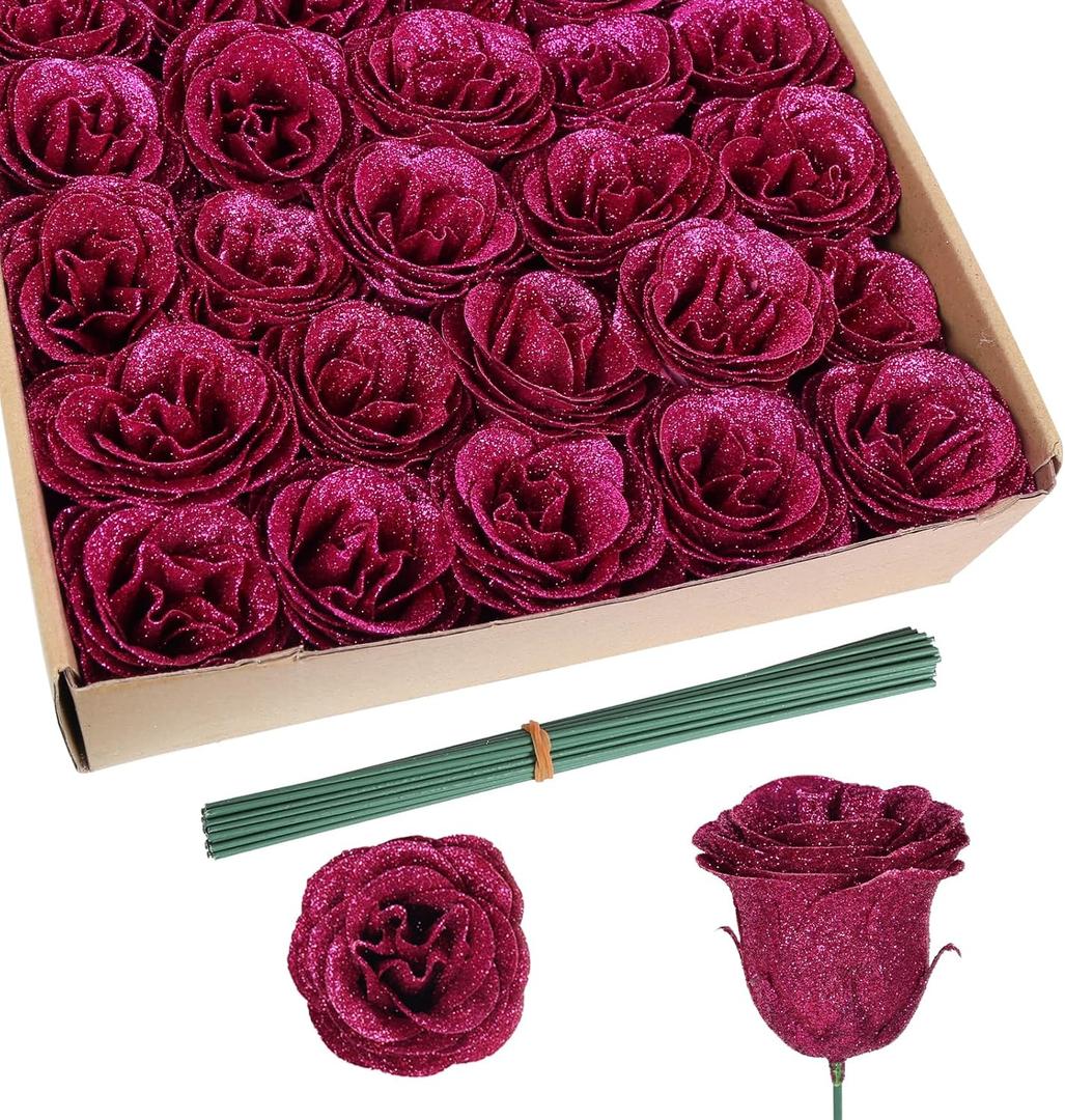 Glitter Flowers,30PCS Artificial Roses with Stems Silk Roses Artificial Flowers for Crafts Wedding Bouquet Home Decoration(Rose Red)