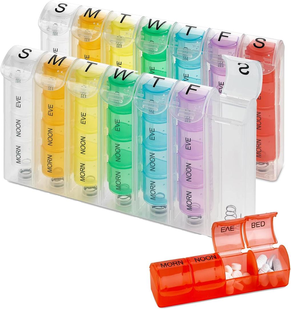 Weekly Pill Organizer - (Pack of 2) Pill Planners for Pills & Vitamins Each Day Week, Four Times-a-Day Medication Reminder, Easy to Read AM/PM Compartments Monday to Sunday for Travel & Purse (Multi)