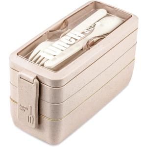 Iteryn Bento Box Lunch Box, 3-In-1 Compartment Lunch Containers - Wheat Straw, Leakproof Stackable Bento Lunch Box Meal Prep
