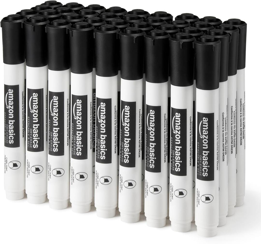 Amazon Basics Low-Odor Dry Erase Whiteboard Markers, Chisel Tip, Quick-Dry, Black, 36-Pack